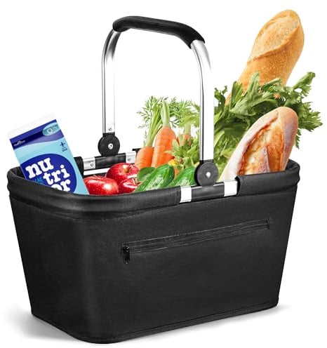 Chumix 25L Einkaufskorb Faltbar, Für Einkauf, Reise, Camping (Schwarz) | Mutti Korb(43x28x23cm) mit Aluminiumrahmen und gepolstertem Tragegriff
