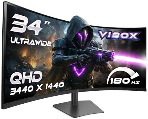 VIBOX 34 Pouces, 180Hz UWQHD Incurvé Ultra-Large Écran Gamer Incurvé - 1ms, Adaptive Sync, Dalle VA, HDMI & DisplayPort