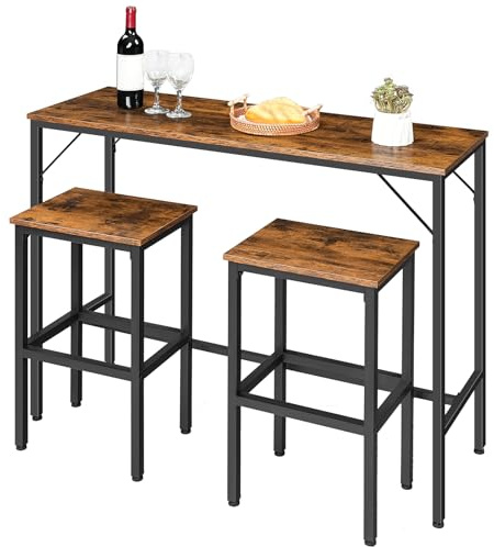 HOOBRO Bartisch mit Barhocker Set, Bartisch-Set, Stehtisch mit 2 Hockern, Küchentisch, industriell, 120 x 40 x 91 cm, für Wohnzimmer, Esszimmer, Bar, Küche, Retro-Braun und Schwarz EBF46BT01