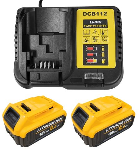 2 Pack 8.0AH Replacement for Dewalt battery 18V,with charger & LED Indicator,Replacement for DCB184 DCB182 DCB180 DCB200 DCB184 battery for power tools