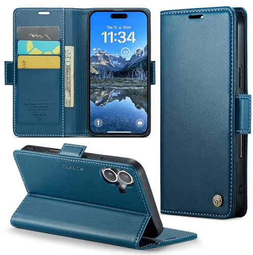 Phernykas Wallet Case for iPhone 17, Magnetic Flip | 3 Card Slots, Faux Leather RFID Blocking Card Holder Flip Wallet with Kickstand, Side Magnetic Clasp, Premium Cover,Blue