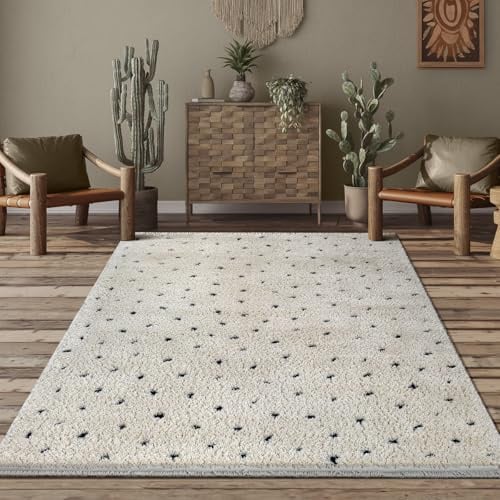 the carpet Bahar Kids Langflor Teppich fürs Kinderzimmer, Punkte Muster in Creme-Schwarz, Weich & Pflegeleicht, Spielteppich, Punkt Muster Creme-Schwarz 140 x 200 cm