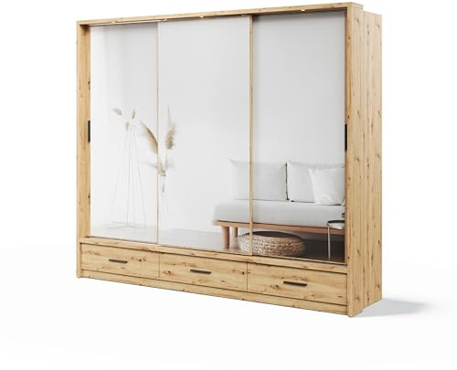 MINIO go for it - Schwebetürenschrank ERTA 1, 250 cm, dreitürig Schrank mit Spiegel und DREI Schubladen, Farbe: Artisan Eiche