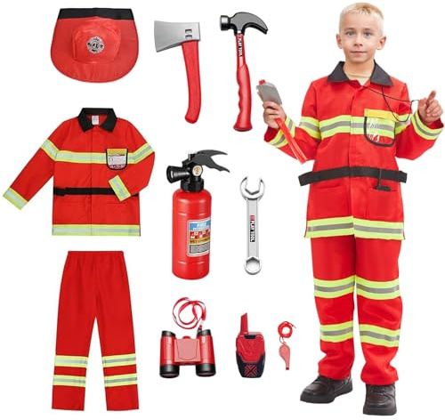 Luckyou Feuerwehrmann Kostüm Kinder mit Feuerwehrmann Spielzeug Feuerwehr Kostüm für Kinder Jungen Mädchen Halloween Karneval Bildung Cosplay Rollenspiel Spielzeug