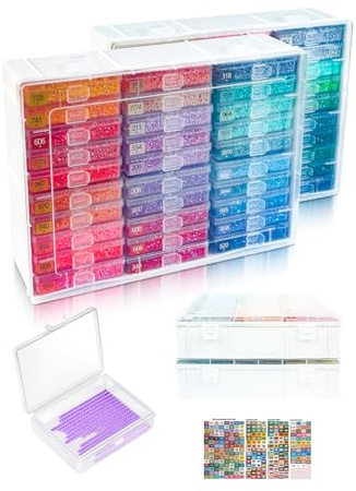 Diamond Painting Trays with Lids and Diamond Art Storage, 60PCS Diamond Art Accessories with Storage Containers, 2-in-1 Drill Storage and Line-Up Tool, 2 Packs 5D Diamond Painting Tools for Beads