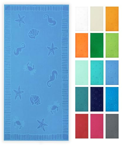 ZOLLNER Strandtuch - hautfreundliches und saugstarkes Handtuch in 100x200 cm - waschbar bis 60°C - Baumwolle in Mittelblau - eingewebte Meerestiermotive - Oeko Tex® Zertifiziert