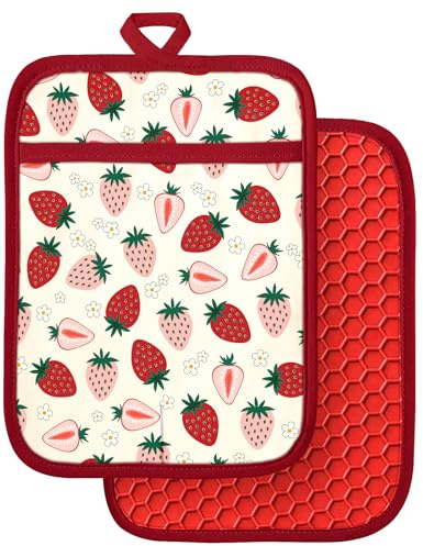Slohif 100% Cotton Pot Holders 2 Pack Set - Strawberry Heat Resistant Oven Hot Pads for Countertop Home Baking Cooking Microwave