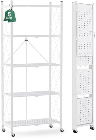 ALANNG Folding Shelves with Wheels - 5 Tier Shelving Unit for Storage, Metal Shelf - Easy to Install & Stable - For Kitchen, Garage, Bedroom, Living Room, Office - White