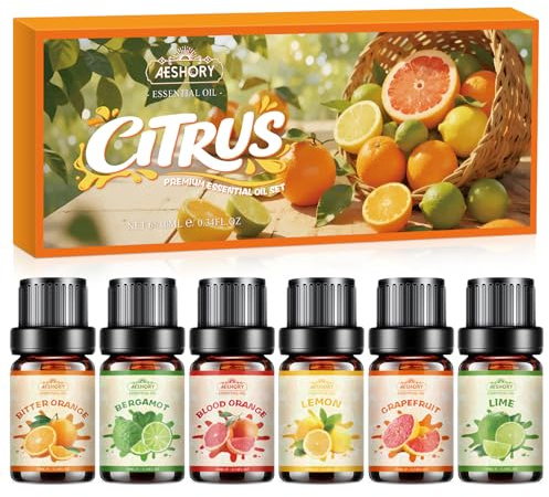 AESHORY Zitrus Ätherische Öle Set für Diffuser 6 x 10ML, Naturrein Zitrusöl Aromatherapie Duftöl, Aroma Öl Geschenkset für SPA - Bitterorange, Bergamotte, Grapefruit, Zitrone, Blutorange, Limette