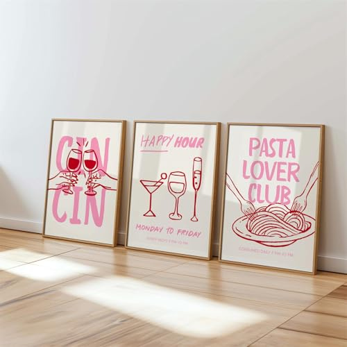 Xiyocadt 3er Rosa Küchenbilder Poster Set,Küche Wandbilder Kunstdruck Kaffee Pasta Wein Bild,Rosa Cocktail Poster,Vintage Bilder für Küche Wohnzimmer Deko Wohnung, Kaffee, Bar,Ohne Rahmen (40 * 50cm)