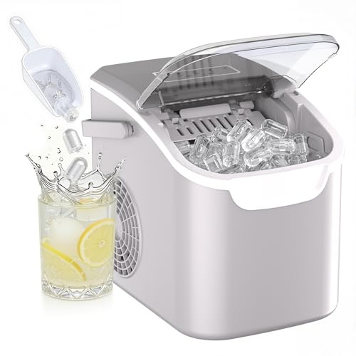 Kismile Ice Maker Machine Countertop, 8 Bullet Ice in 6 Mins, 26lbs/24H | Compact Portable Ice Maker with 2 Sizes, Carry Handle, Basket & Scoop, Self-Cleaning, for Home, Kitchen, Office, Grey
