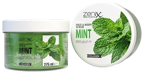 Zenix Face & Body Scrub Minze 275 ml – Gesichtspeeling & Körperpeeling mit Kollagen, Pfefferminzöl, Shea Butter & Panthenol – Tiefenreinigung & Erfrischung für alle Hauttypen (Mint)