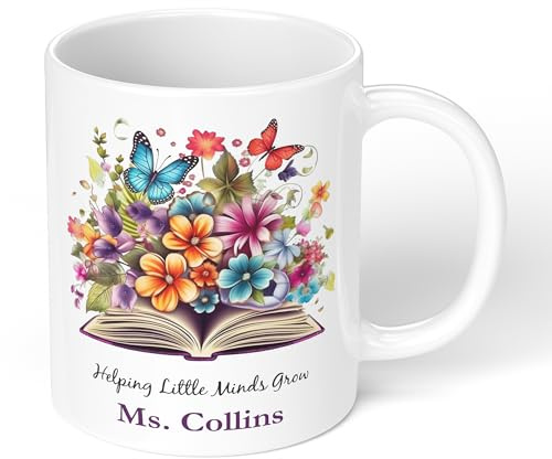 Personalised Thank You Teacher Mug with Custom Name – Floral and Butterfly Book Design Gift for Teaching Assistant, Tutor or Nursery Staff – Custom Mug with Colour Inside or Magic Heat Changing Option