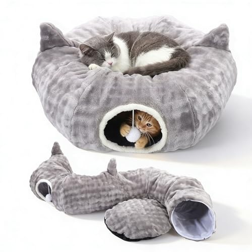 Tunnel per Gatti, Tunnel Gatto e Cuccia 2 in 1 con Giocattoli Pendenti, Tunnel Gatto con 2 Ingressi, Cuscino Circolare Lavabile, Tubo per Gatti Gioco Pieghevole per Gattini/Cuccioli/Conigli