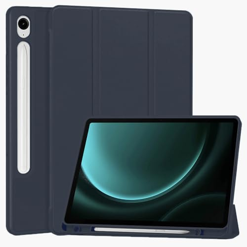Techsuit für Samsung Galaxy Tab S9, S9 FE und S10 FE Hülle mit Stifthalter, Dreifach Ständer, Schlankem Design, Auto Sleep Wake, Präzisen Aussparungen, Flex Trifold Series, Dunkelblau