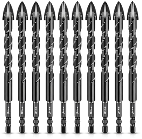 Drill Bit Set, Tile Drill Bit Cross Tip Masonry Serrated Tungsten Carbide Tip Concrete Drill Bits, Hex Shank Drill Bit Sets for Glass, Ceramic, Porcelain Tile, Brick, Wood, Cement, Mild Metal, 6mm*10