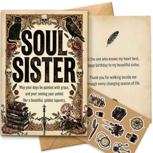 AIROW Ästhetische Dark Academia Geburtstagskarte für Schwester, Vintage Gothic Seelenschwester Grußkarte mit schwarzer Katze, Standard A5 Hochformat, Handzeichnungen-Druck, Kraftumschlag und Sticker
