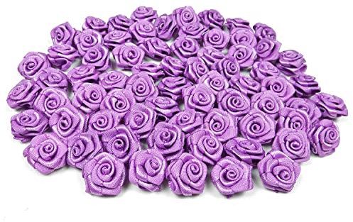 Rosen 15 mm x 100 Stück Satinrosen Aufnäher Deko Blumen Röschen zum Basteln Haarschmuck kleine Rosenköpfe Farbe: flieder 462