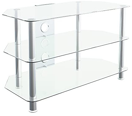 MAHARA Glass Corner TV Stand – Universal Clear Glass TV Unit 80cm wide with Glass Shelves and Cable Management – TV Floor Stand Suitable for up to 42” TVs and Max Weight 40Kg