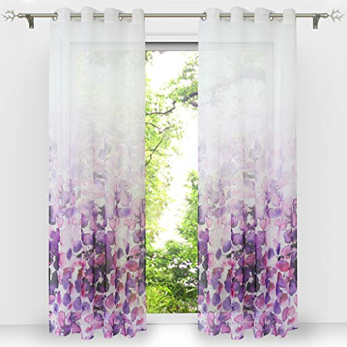 HongYa 1 Stück Voile Farbverlauf Gardine Transparenter Vorhang mit Ösen Blumen Druck H/B 225/140 cm