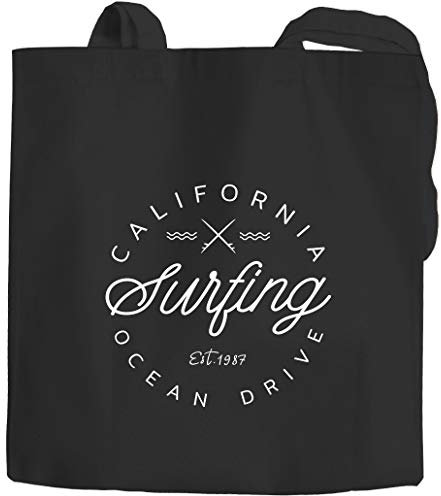 Autiga® Jutebeutel California Surfing Ocean Drive Summer Baumwolltasche Stoffbeutel schwarz 2 lange Henkel