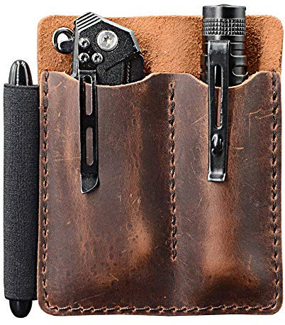 EDC Leather Pocket Organizer, Pocket Slip, Pocket Knife Pouch, EDC Carrier, with Pen Loop, Everyday Carry Organizers, Full Grain Leather, Chestnut