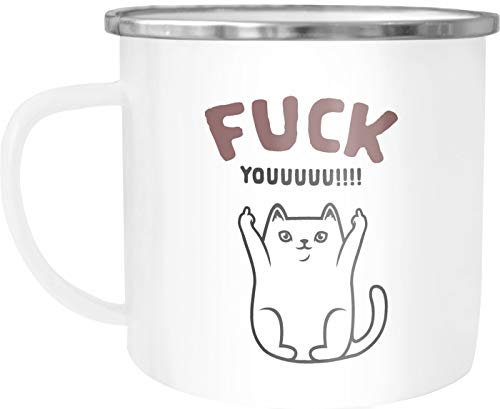 Moonworks® Emaille-Tasse Fuck Youuu! Katze-Motiv Mittelfinger Emaille-Becher mit Spruch Motiv lustig weiß-metall Emailletasse