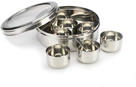 Authentic Indian Spice Tin Stainless Steel Masala Dabba With Transparent See Through Lid Curry Cooking Spice Tiffin Tin Box Kitchen Masala Container 7 Compartments Storage Box Set (23cm)
