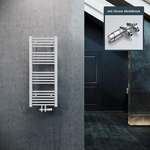 ELEGANT Radiatore da bagno, 1000 x 400 mm, bianco, con attacco centrale, termosifone, scaldasalviette con termostato cromato multiblocco