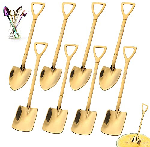 8 cuillères en acier inoxydable, pelle créative en forme de pelle, cuillère à café, cuillère rouge, cuillère à pastèque, thé au lait, café, cuillère à sucre, crème glacée, cuillère à dessert (or)