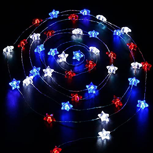 KINGCOO Red White Blue Star LED String Lights, 10FT 30LED Battery Powered Princess Fairy Copper Wire String Lights Decorative Lights for Bedroom Indoor Outdoor Wedding Nursery Party Christmas Decor