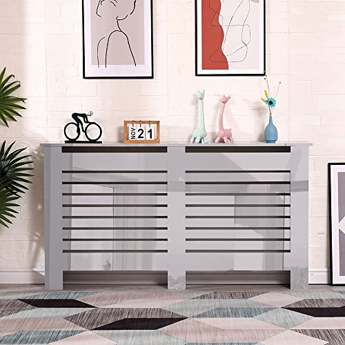 HMD High Gloss Black/White Grey Radiator Cover Decorative Cabinet Horizontal Slat 4 Size for Office Living Room Bedroom Hallway (high gloss grey, W151.5xD19xH82cm)