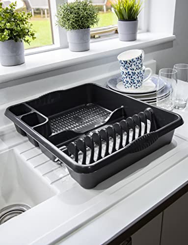 TENLITE Large Dish Drainer Plate Cutlery Tray Rack Plastic Kitchen Sink Holder Stand, (46.5 x38.0 x9.0 cm) Dish Drying Rack with Two Compartments - Midnight Greyish Or Dark Grey.