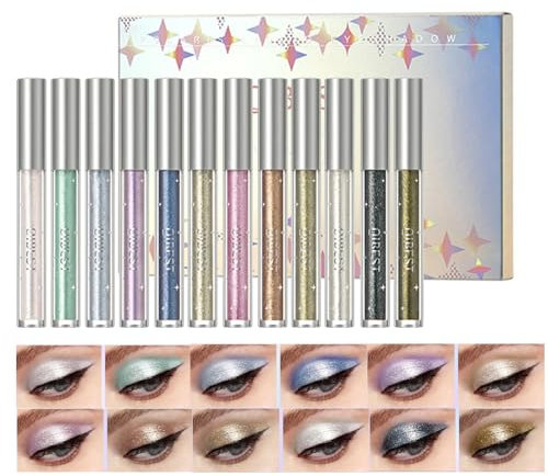 RoseFlower 12 Pcs Diamond Glitter Eyeliner Liquid Set 12 Farben Flüssiger Lidschatten des Augenmake-ups Schimmer Metallic Lidschatten Langlebiger Wasserdichter Shimmer Für Cosplay Party Makeup