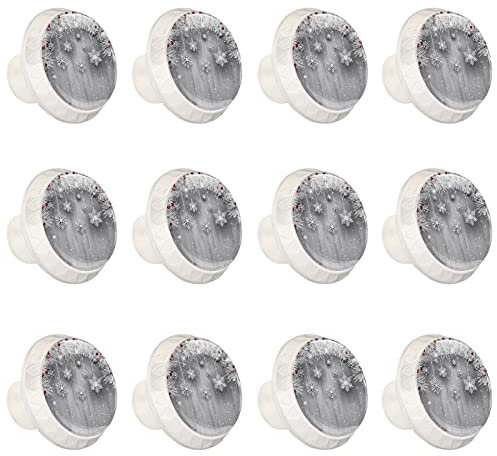 12 Stück weiße runde Schrankknöpfe, hängende Schneeflocken mit silbernem Weihnachtsbaum