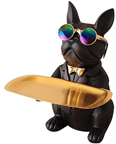 Coole Bulldog Figur Statue Harz Skulptur Deko Mit Edelstahl Tablett, Multifunktional Tischdeko MüNzen Sparschweine, SchlüSsel, SüßIgkeitenhalter,Snack,Aufbewahrungstablett,Heimtextilien(schwarz)