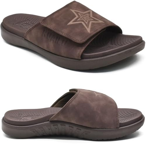 KuaiLu Mens Orthotic Slides Soft Cushion Sport Sandals with Plantar Fasciitis Arch Support Adjustable Open Toe Summer Slippers Slip on Indoor Outdoor Dark Brown Size 7