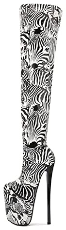 Stivali da Donna sopra Il Ginocchio con Suola Platform e Stampa Zebra, Tacco a Spillo da 22 cm - per Discoteca, Ufficio e Eventi Festivi,Zebra Pattern,37 EU