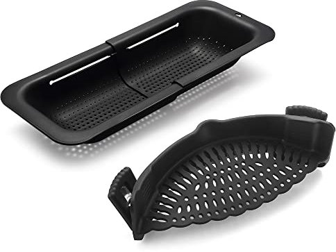 Colino regolabile da sopra il lavello, colino in silicone con clip per pentole, colini e scolapasta, cestino scolapasta in plastica per cibo, pasta, verdure, cucina, allungabile 36,8 - 49,5 cm, nero