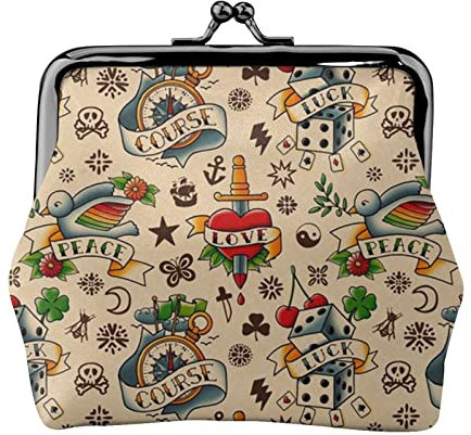 Vieux Tatouages Good Wishes Porte-Monnaie en Cuir pour Femmes, Petite Pochette à la Monnaie avec Fermoir à Fermeture à glissière Portefeuille à Boucle pour Cadeau de Fille