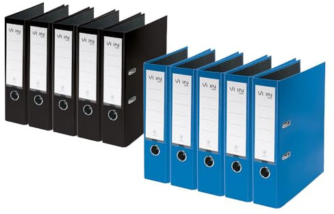 VON Leitz Ordner Set je 5 Stück in schwarz und blau, A4, Karton mit Kunststoffeinband, 80 mm Rückenbreite, Für 600 Blatt, FSC-zertifizierter Karton, Aktenordner