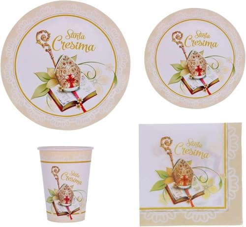 ZENZERO® - DECORAZIONI per FESTA Santa Cresima - STOVIGLIE in Carta Monouso - 12 Piatti, 12 Piattini, 20 Tovaglioli, 12 Bicchieri
