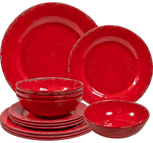 ZAROCRUS 12 Piece Farmhouse Melamine Dinnerware Sets, Service For 4 Rustic Crackled Plates and Bowls Sets, Melamine Dishes Set for Christmas,Wedding, Set of 4 Camping Dishes, Red