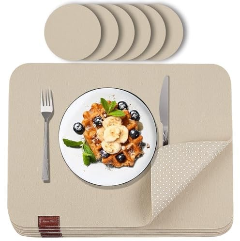 Luana Rose Platzsets aus Filz 12er Set in Anthrazit - Tischset abwischbar - 44x32 cm Filzuntersetzer - Hochwertige Platzdeckchen abwaschbar in Beige - Tischuntersetzer Platzset + Glas Untersetzer-Set