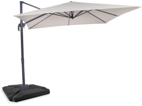 VONROC Premium Parasol déporté Pisogne 300 x 300 cm – Dalles remplies, base en croix et housse de protection – Parasol carré – Pivotant 360° – Inclinable – Toile de protection UV – Beige