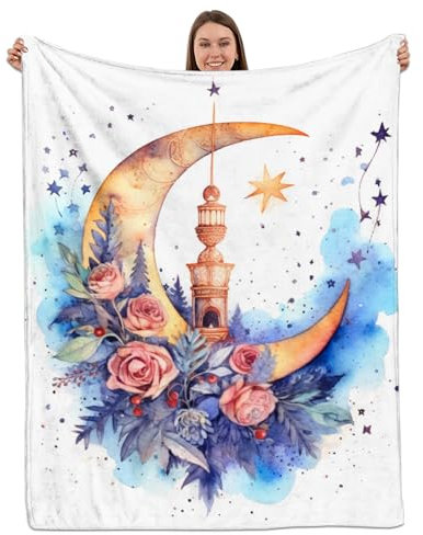 Cabreche Ramadan Mubarak Decke, Überwurfdecke, Eid Mubarak, 127 x 152,4 cm, Flanell-Plüschdecke, Moschee, Laterne, islamischer Mubarak für Bett, Couch, Sofa, Stuhl, ästhetisch, niedlich, weich, warme