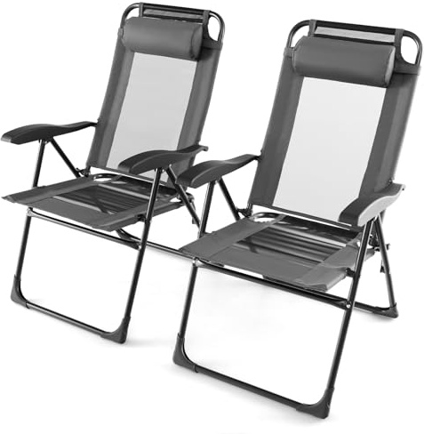 COSTWAY Lot de 2 Chaises de Jardin Pliantes, Dossier à 7 Niveaux, Gris | Appui-Tête Amovible, Tissu Respirant, Chaise Inclinable Exterieur pour Jardin Terrasse Camping, Charge 150 kg