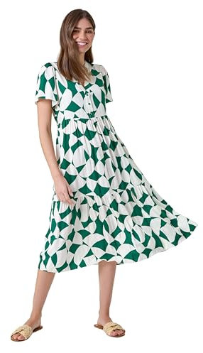Roman Originals Shirt Dress for Women UK Ladies Short Sleeve Sleeveless Belted Collared Midi Maxi Summer Spring Smart Casual Button Evening Office A Line Swing Skater - Green Ivory - Size 20