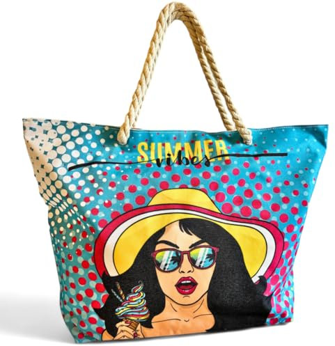 NARAMAKI Borsa Mare Fumetto Vintage 55x40x15cm - Borsa da Spiaggia Grande in Tessuto Leggera con Cerniera e Manici in Corda Tot Bag - Borsa Tote Donna - Travel Bag (AZZURA)