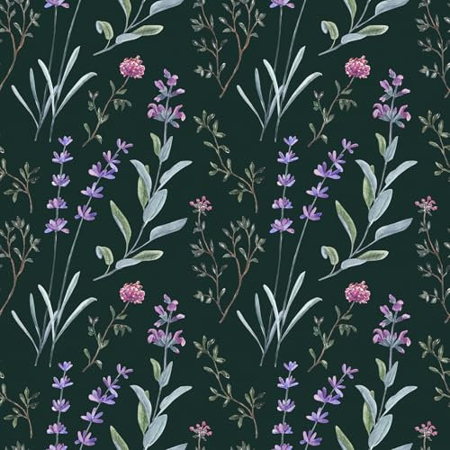 VaryFloral Dark Floral Peel and Stick Wallpaper Green Leaf Purple Pink Flower Wallpaper Removable Vintage Black Floral Wildflowers Wallaper for Bedroom Watercolor Botanical Contact Paper 12x118